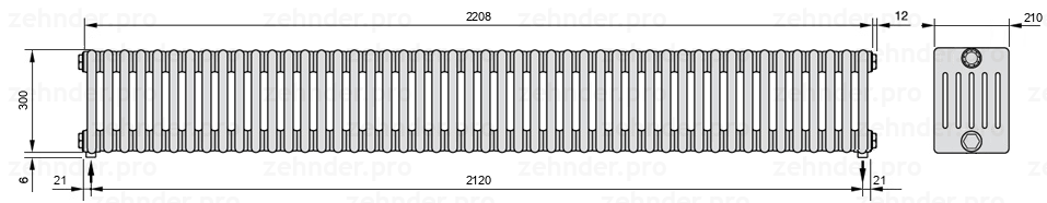 Схема (чертеж) Радиатор Zehnder Charleston 6030/48 №5310 Белый глянцевый RAL 9016